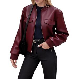 Women's Maroon Faux Leather Cropped Coat Cute Short Zip Up Casual Jackets